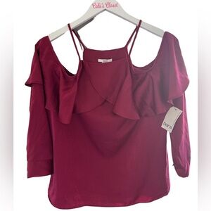 Bar III Cold Shoulder Long Sleeve Blouse, NWT, Size-L, Color-Fushia